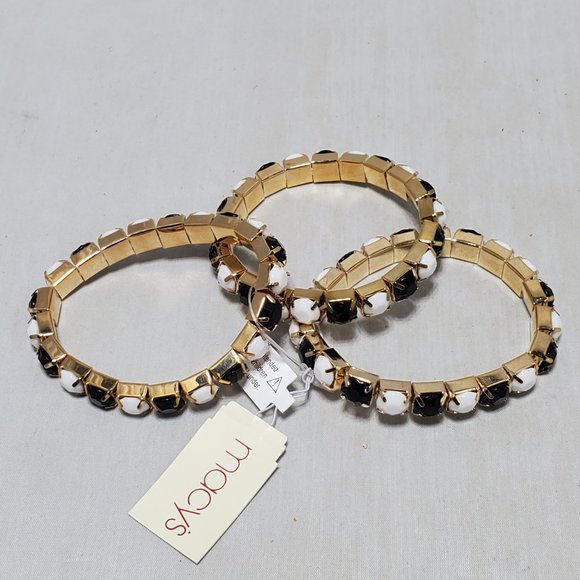 Macy’s 3-Piece Gold-Tone Stretch Bracelet Set with black/white faceted stones - Picture 5 of 5